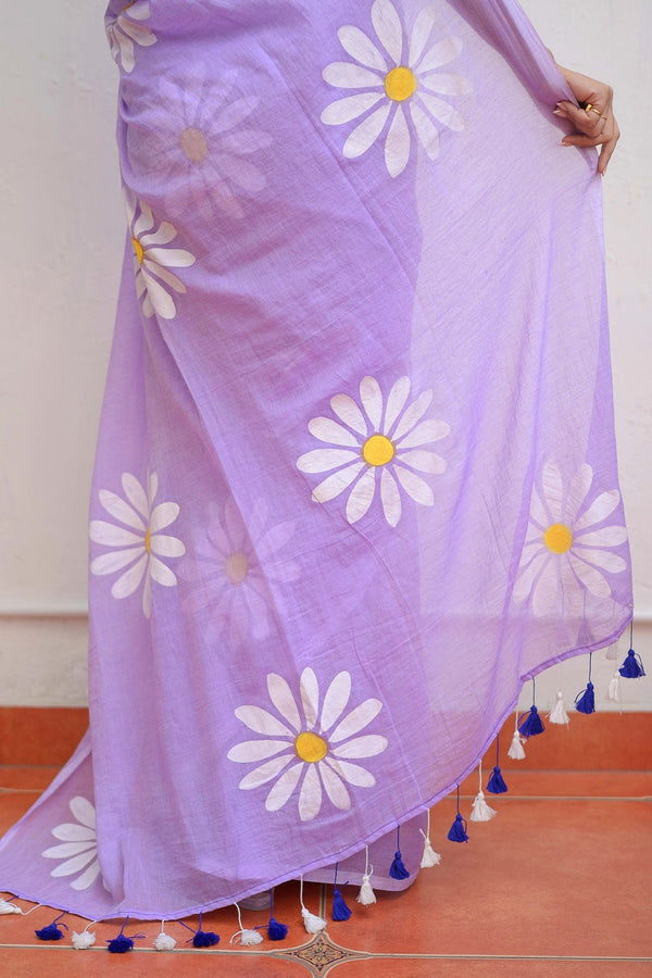 Lavender Hand painted Mulmul Cotton Ready To Wear Saree