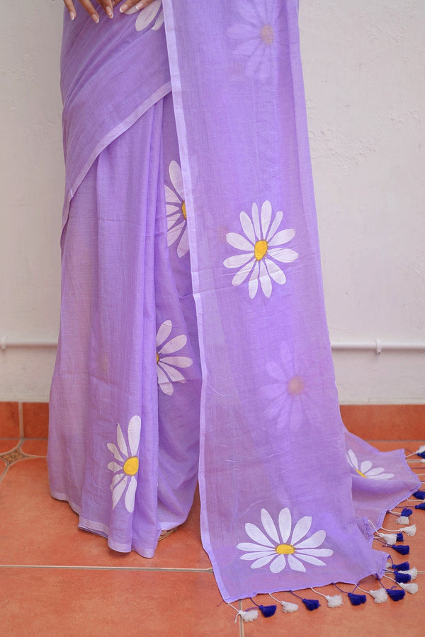 Lavender Hand painted Mulmul Cotton Ready To Wear Saree