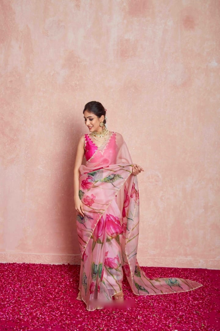 Excellent Ready To Wear Digital Printed Hand Work Moti & Val Work Saree With Stitched Blouse