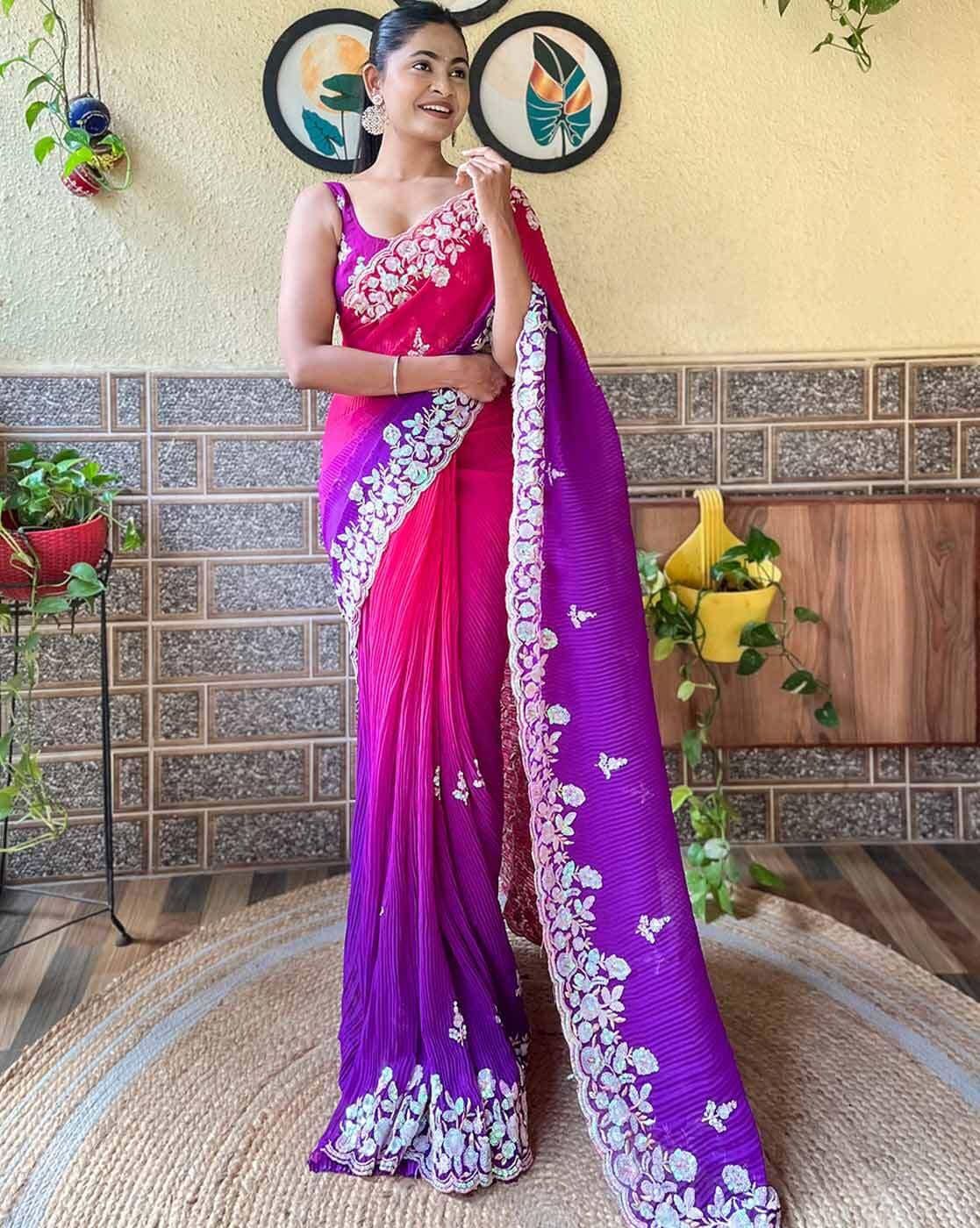 Taniya Crush - Beautiful Saree In Georgette With Crush Pattern Fabric With Sequence Embroidery Work Saree