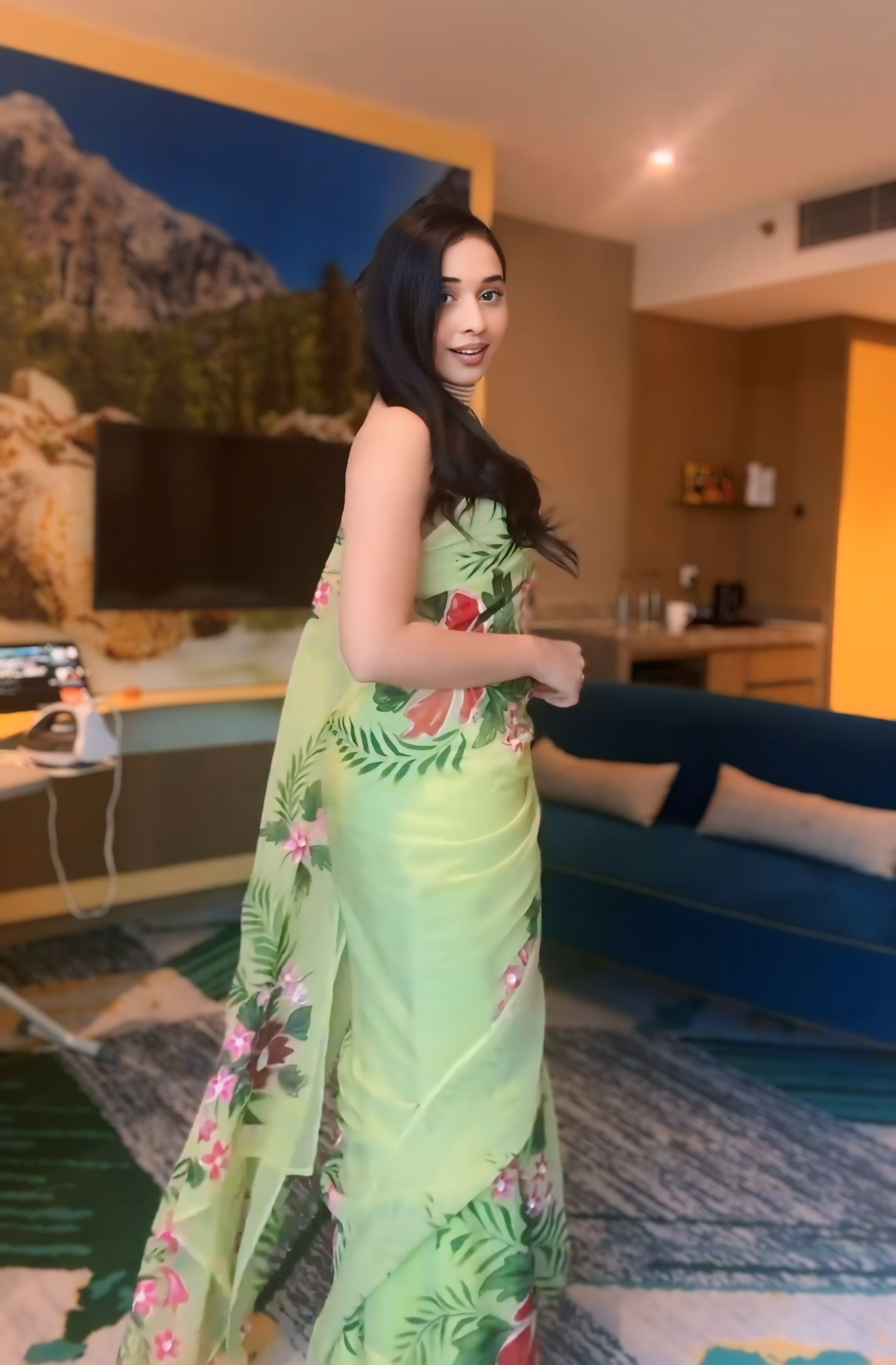 Light Green Colour Flower Design Ready to wear saree