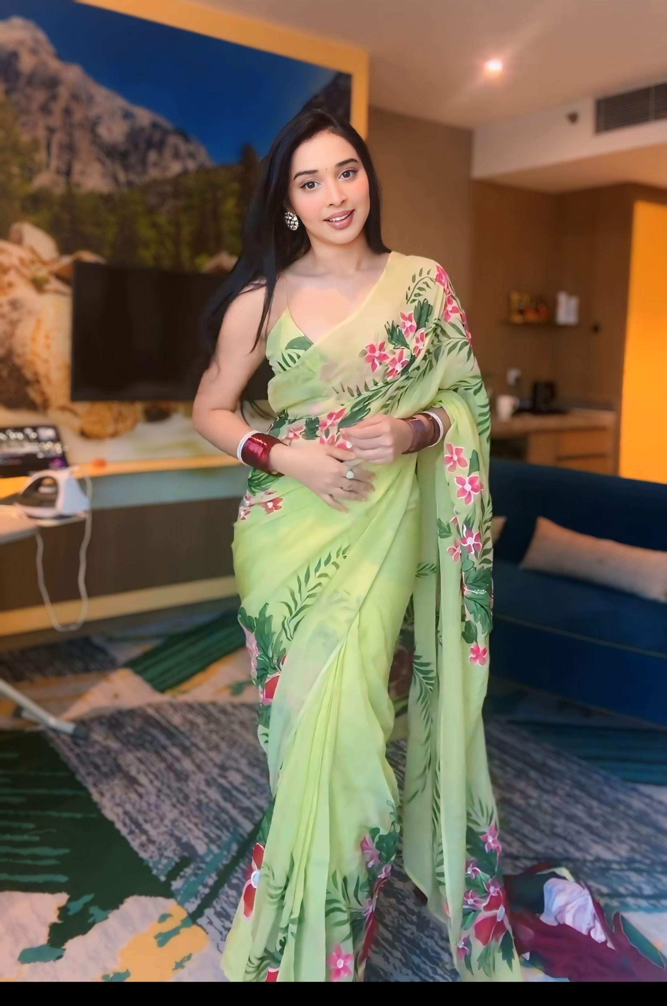 Light Green Colour Flower Design Ready to wear saree