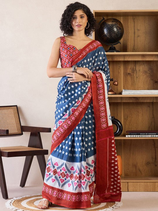 Ethnic Motifs Poly Cotton Ready To Wear Ikat Saree