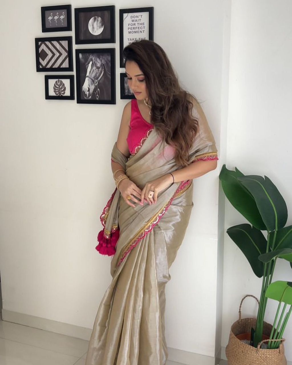 Premium Tissue Silk saree with Pink Blouse unstitch