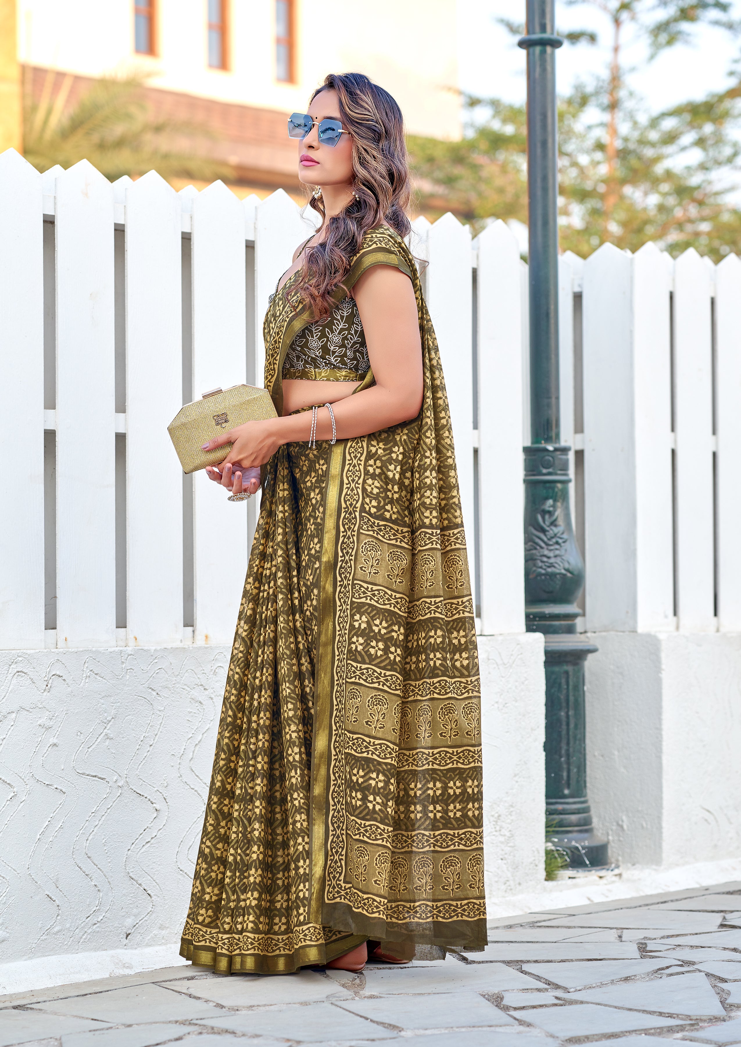 Redolent 1-Minute Ready To Wear Mehndi Mul Cotton printed Saree