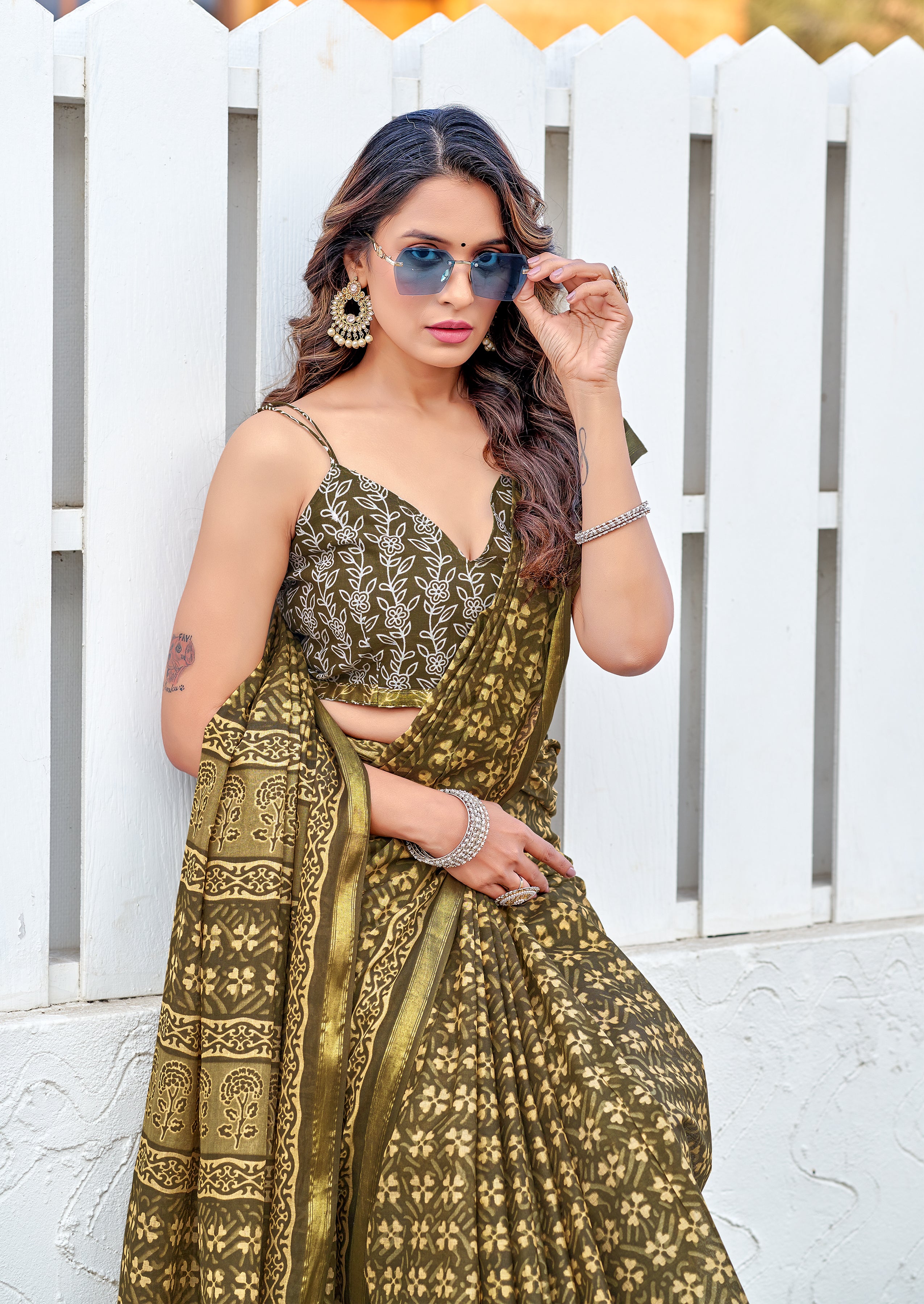 Redolent 1-Minute Ready To Wear Mehndi Mul Cotton printed Saree