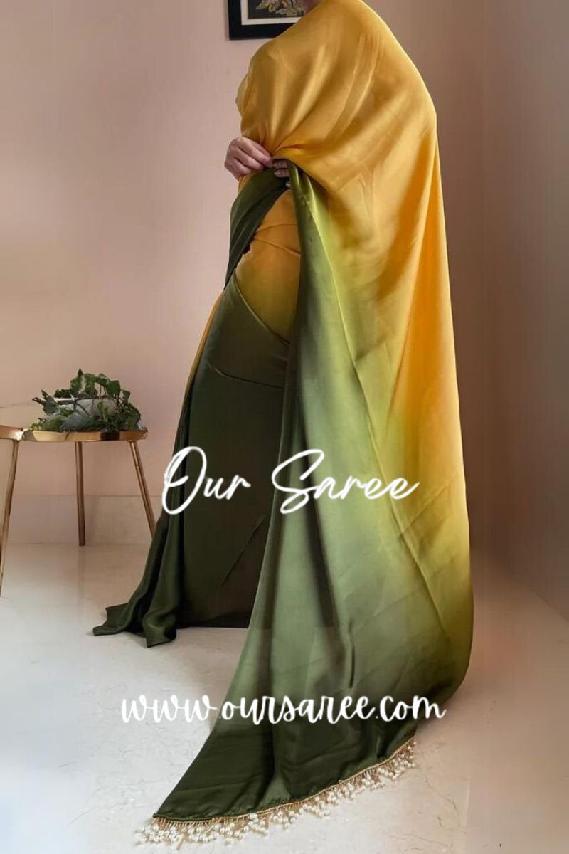 1-MIN READY TO WEAR  Mango Bite Ombré Crepe Silk Saree With Handmade Tassels on Pallu