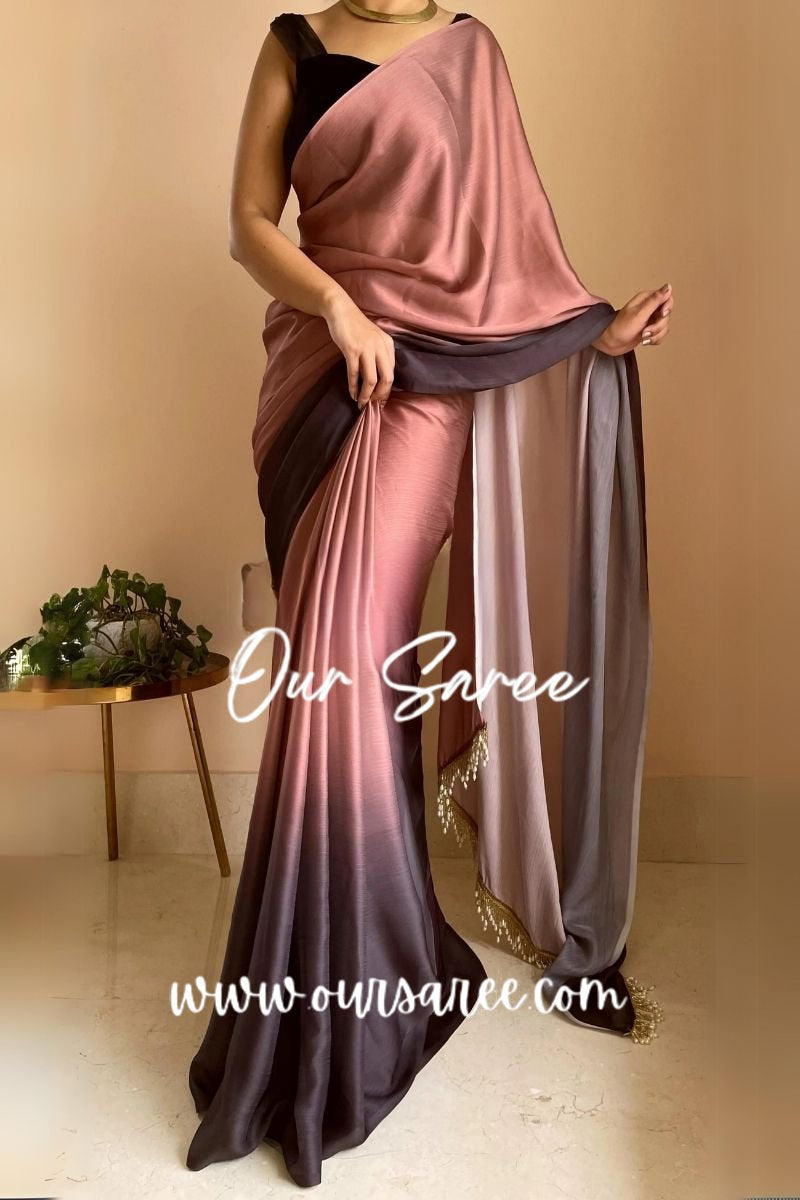 1-MIN READY TO WEAR  Chai Coffee Ombré Crepe Silk Saree with Handmade Tassels on Pallu