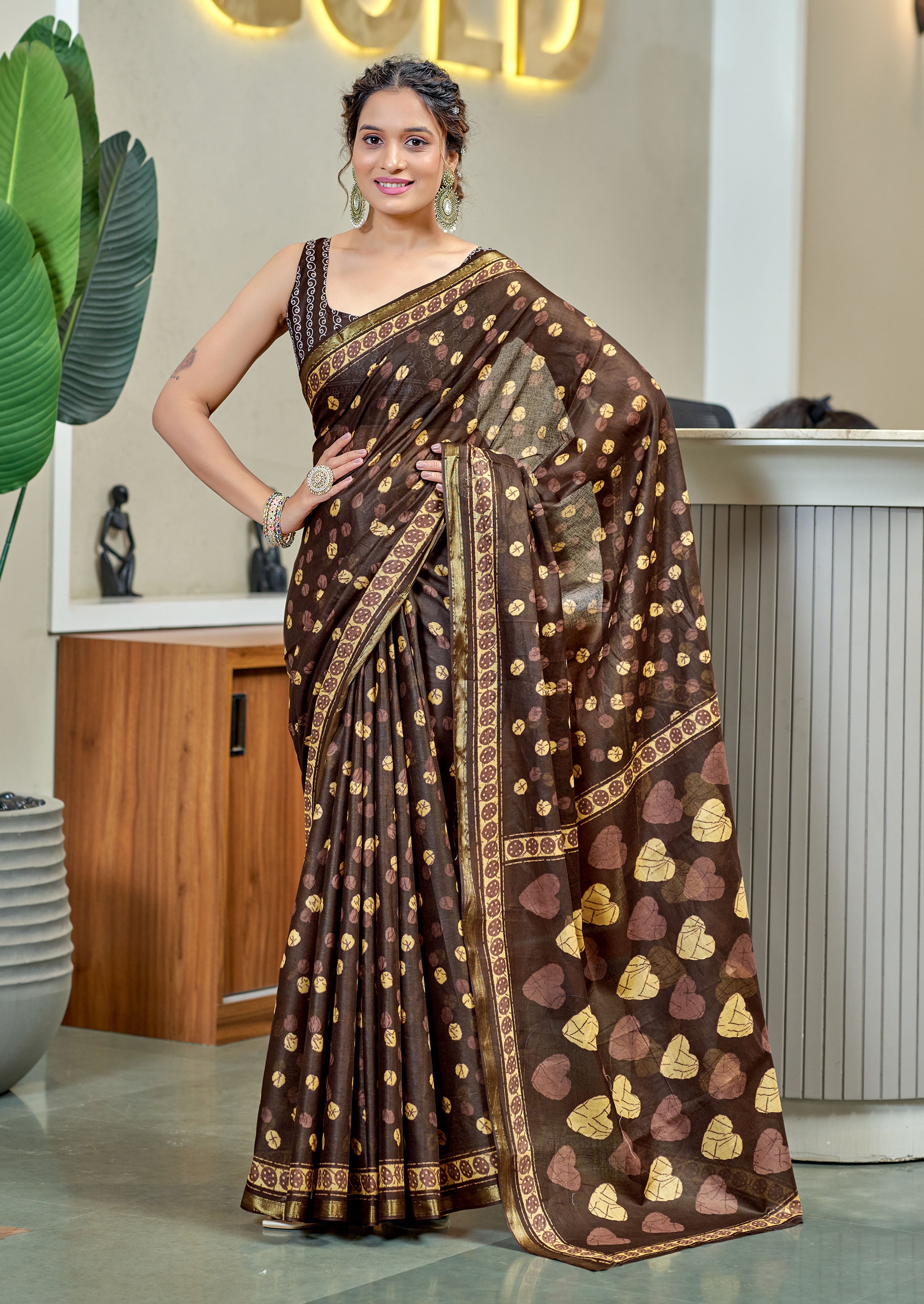 Opulent 1-Minute Ready To Wear Mul Cotton Brown Digital Printed Saree