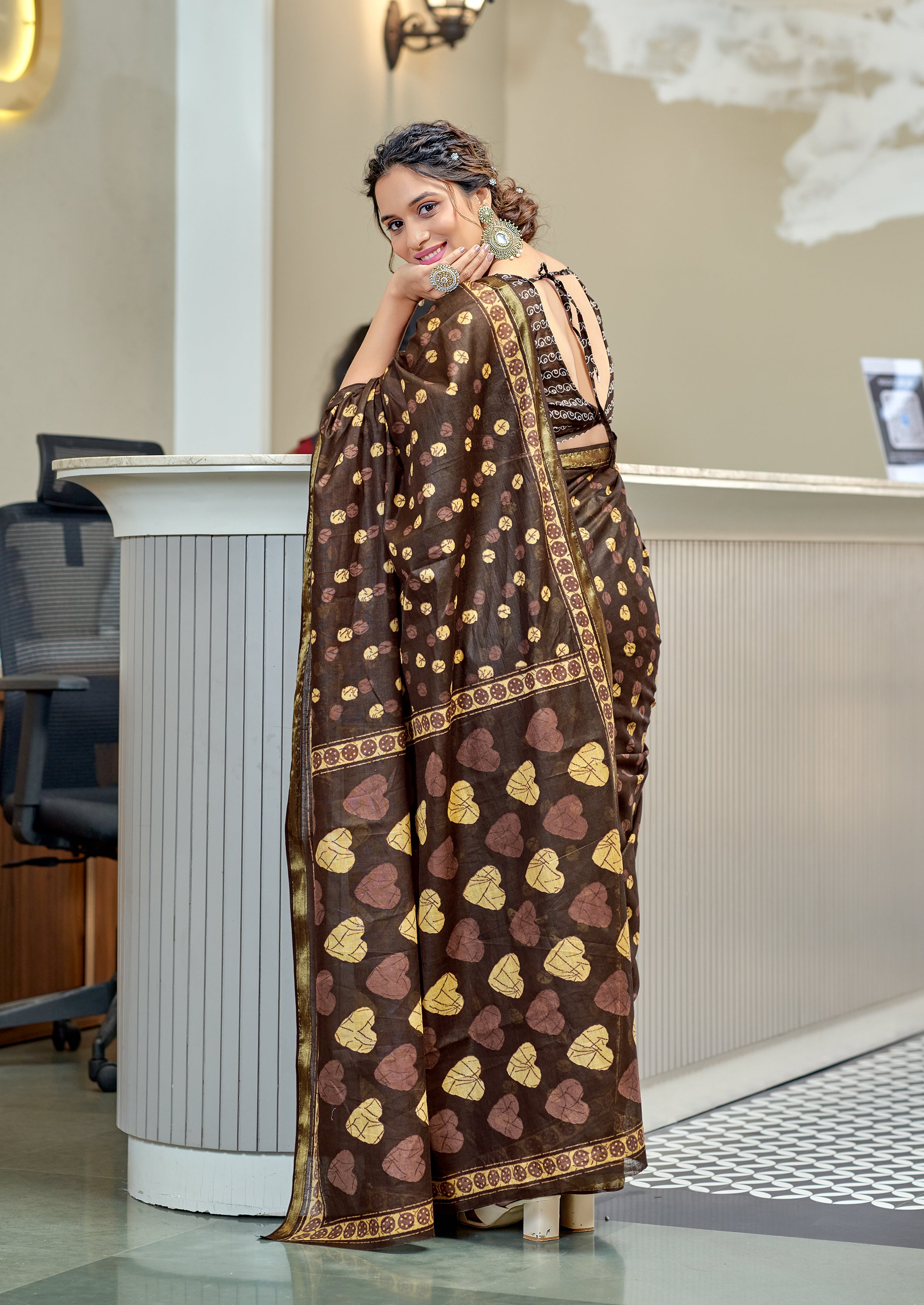 Opulent 1-Minute Ready To Wear Mul Cotton Brown Digital Printed Saree