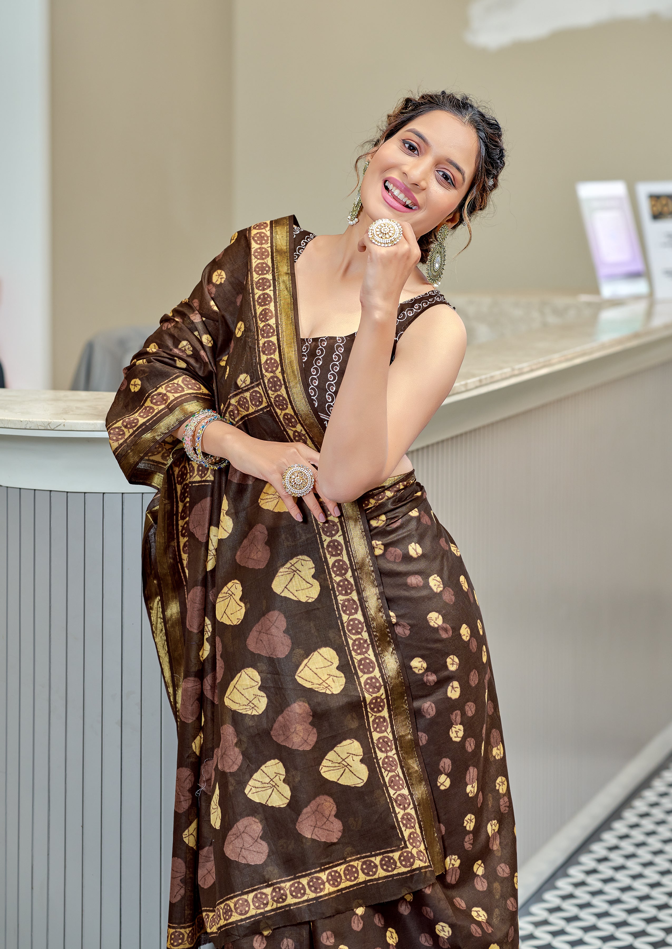 Opulent 1-Minute Ready To Wear Mul Cotton Brown Digital Printed Saree