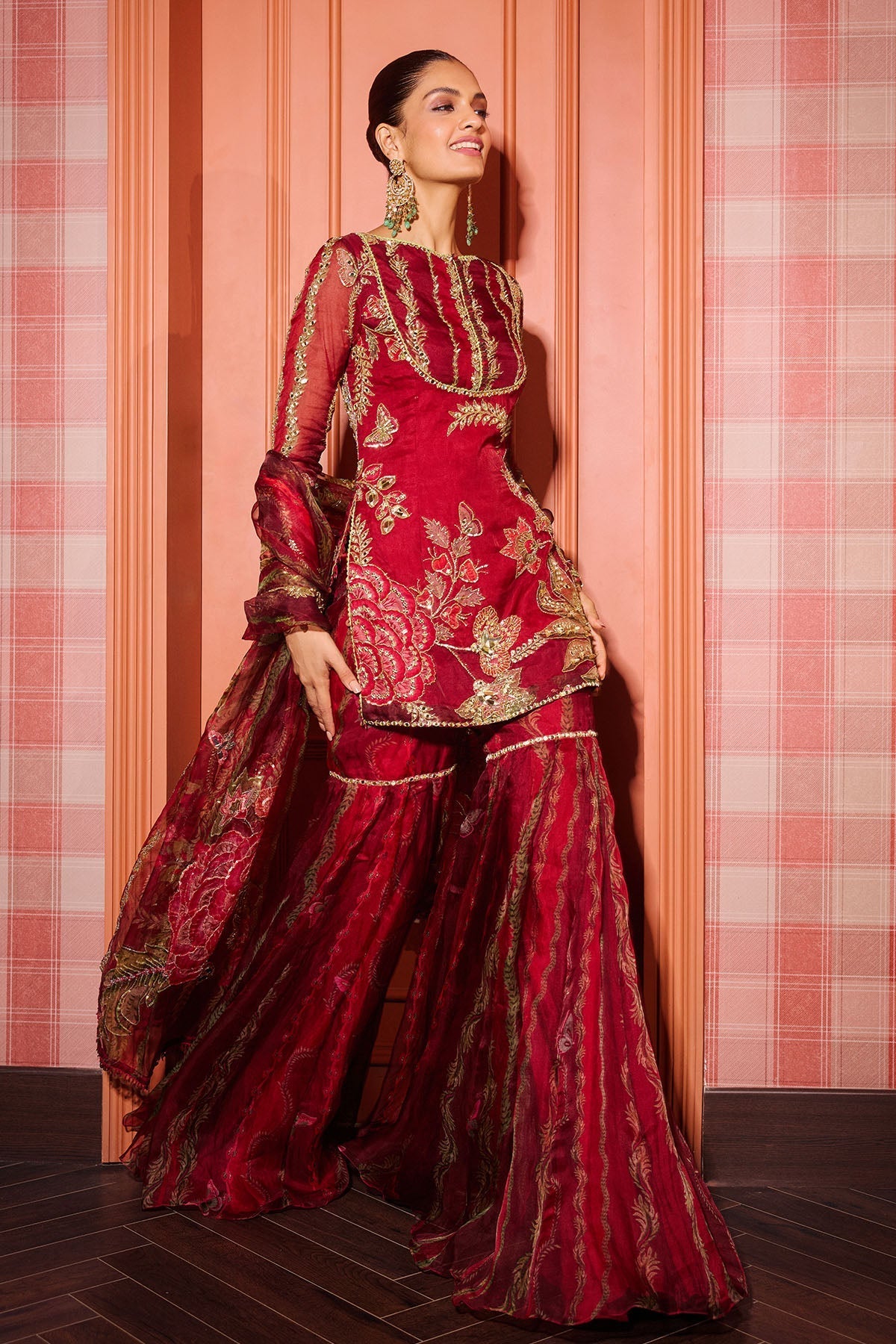Sindoori Red Organza Gharara Set with Heavy Embroidery