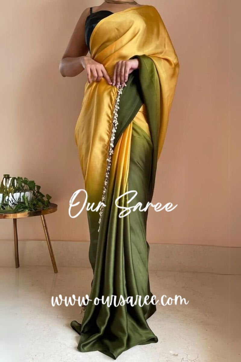 1-MIN READY TO WEAR  Mango Bite Ombré Crepe Silk Saree With Handmade Tassels on Pallu