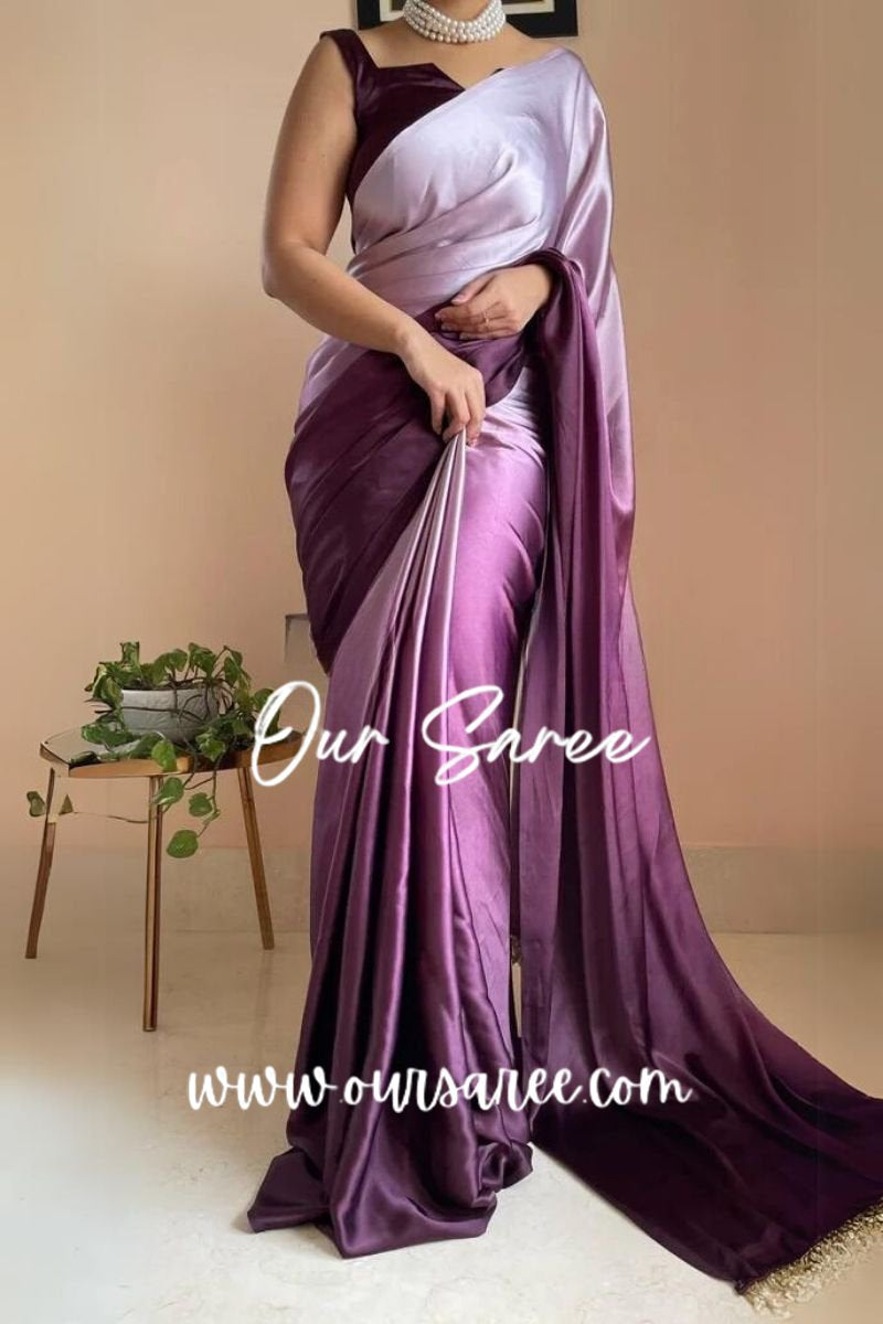 1-MIN READY TO WEAR  Black Currant Ombré Crepe Silk Saree with Handmade Tassels on Pallu