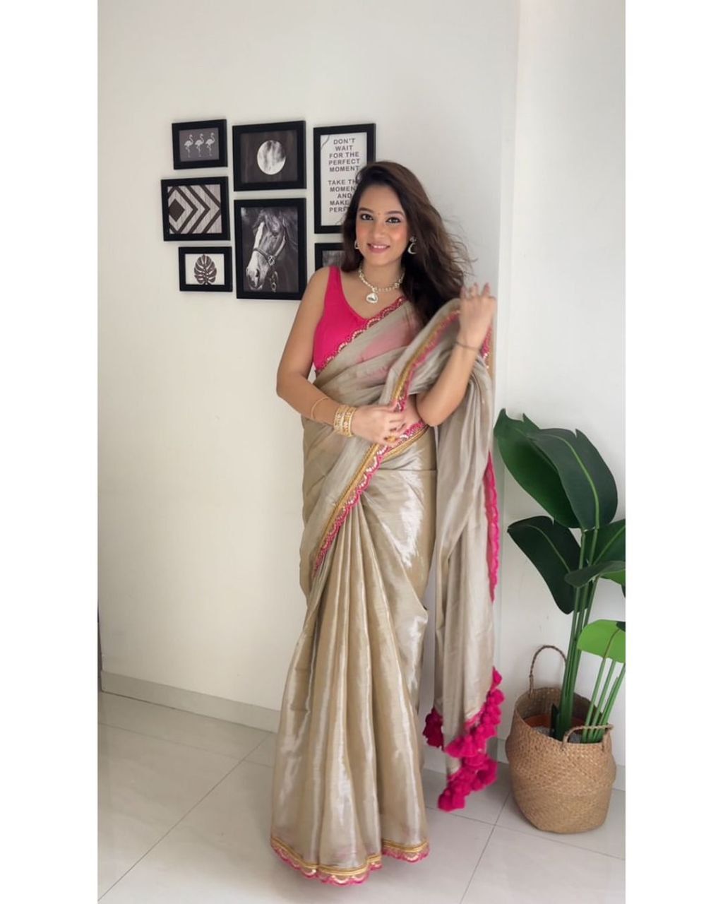 Premium Tissue Silk saree with Pink Blouse unstitch