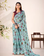 Floral Brasso Sea Green Saree with Attached Pleats & Matching Blouse