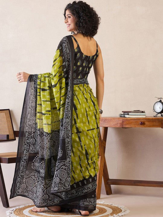 Ethnic Motifs Poly Cotton Ready To Wear Ikat Saree