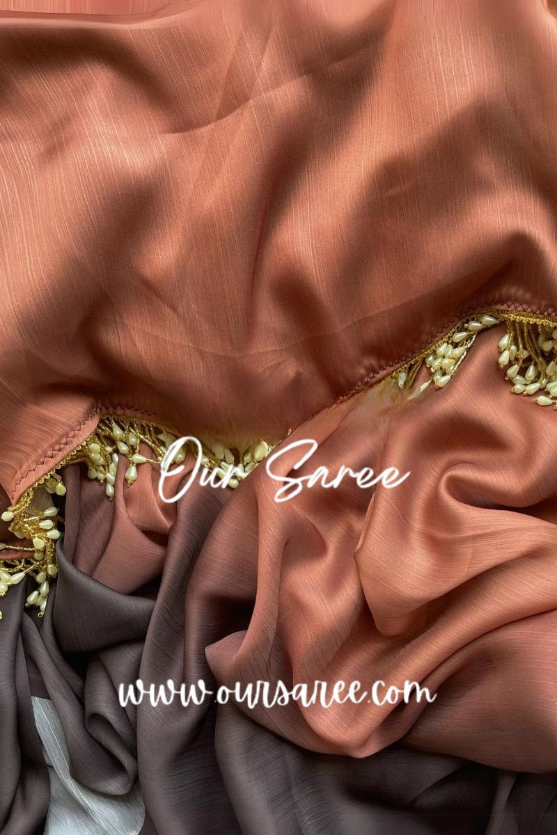 1-MIN READY TO WEAR  Chai Coffee Ombré Crepe Silk Saree with Handmade Tassels on Pallu