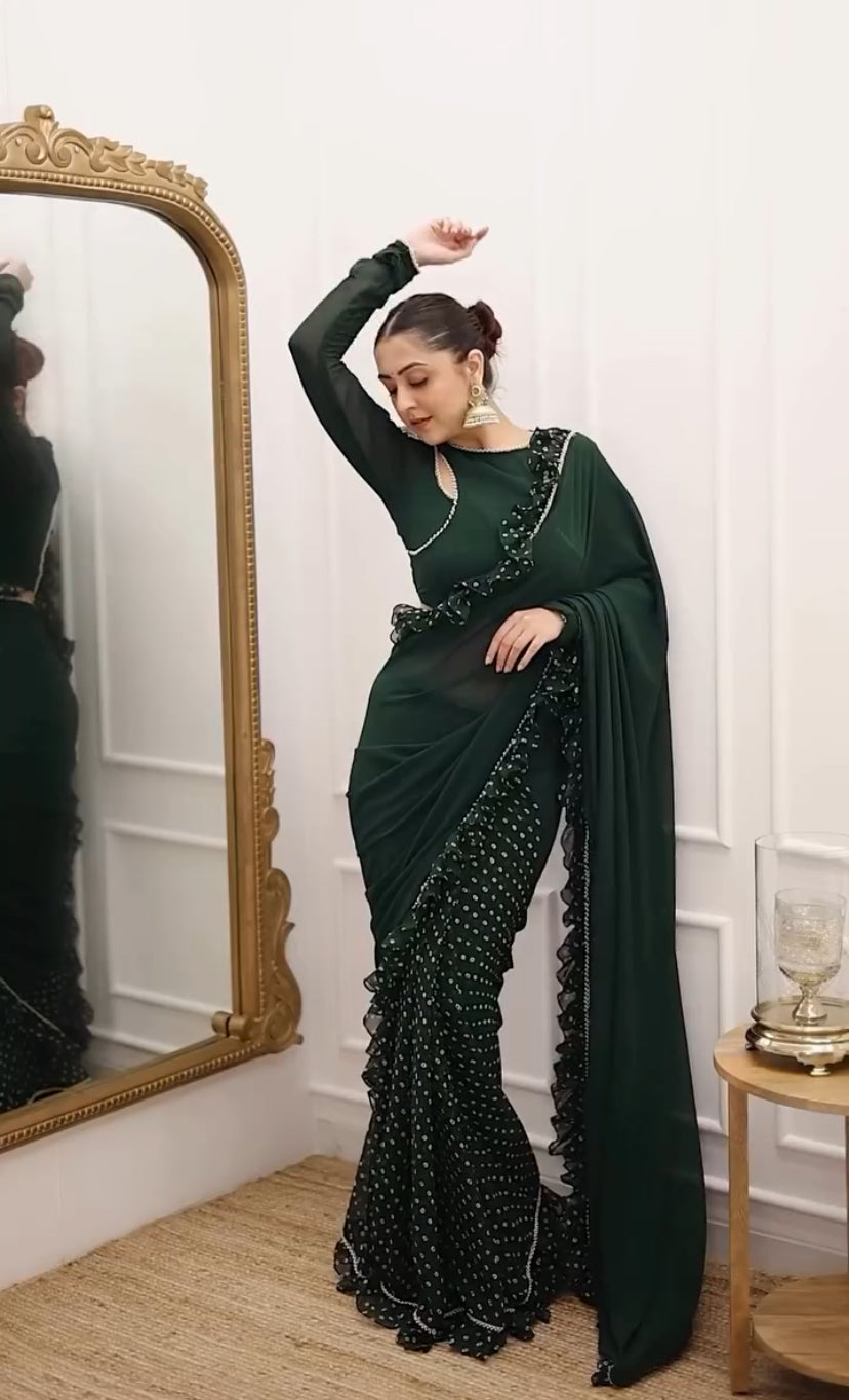 Green Pre-Draped Frilled Saree