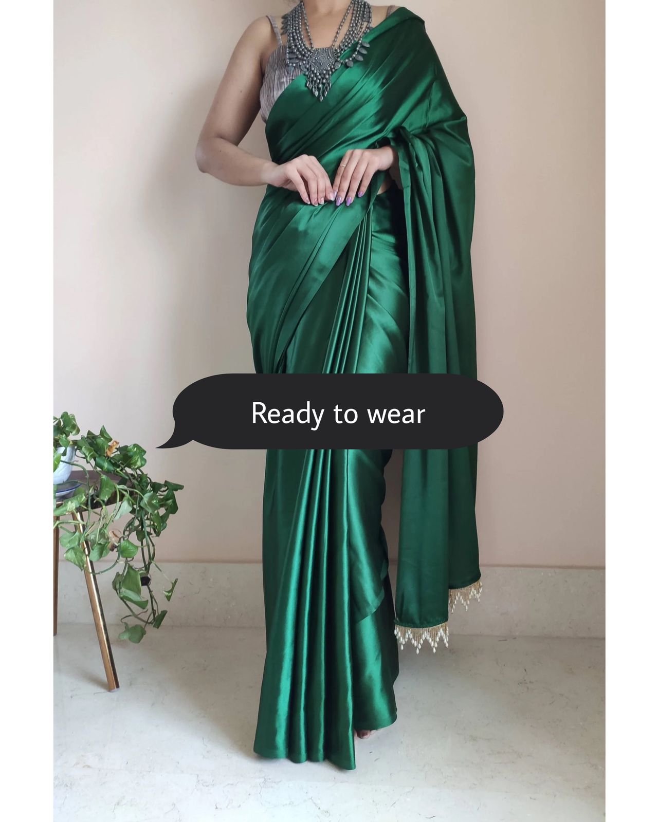 1-MIN READY TO WEAR Forest Green Satin Silk Saree With Handmade Tassels On Pallu