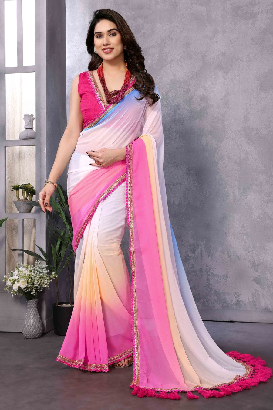 Alluring 1-Minute Ready To Wear  Georgette Saree & beautiful lace border