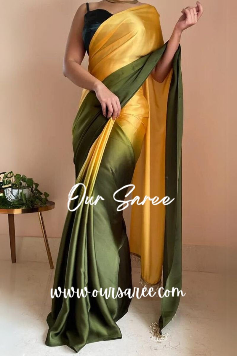 1-MIN READY TO WEAR  Mango Bite Ombré Crepe Silk Saree With Handmade Tassels on Pallu