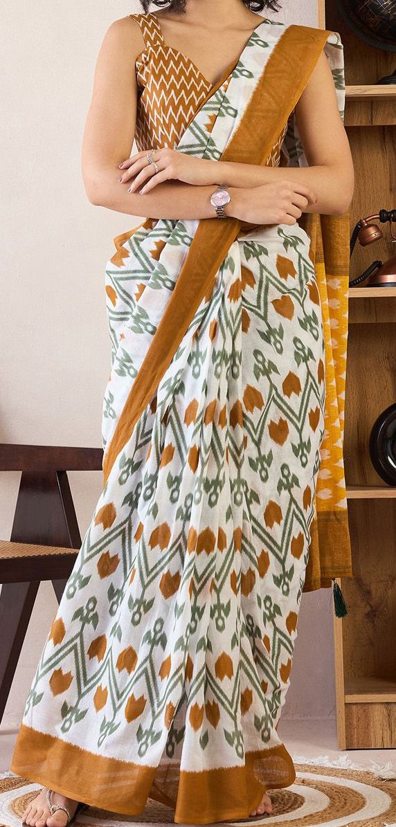 Ethnic Motifs Poly Cotton Ready To Wear Ikat Saree