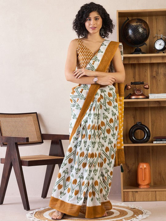 Ethnic Motifs Poly Cotton Ready To Wear Ikat Saree