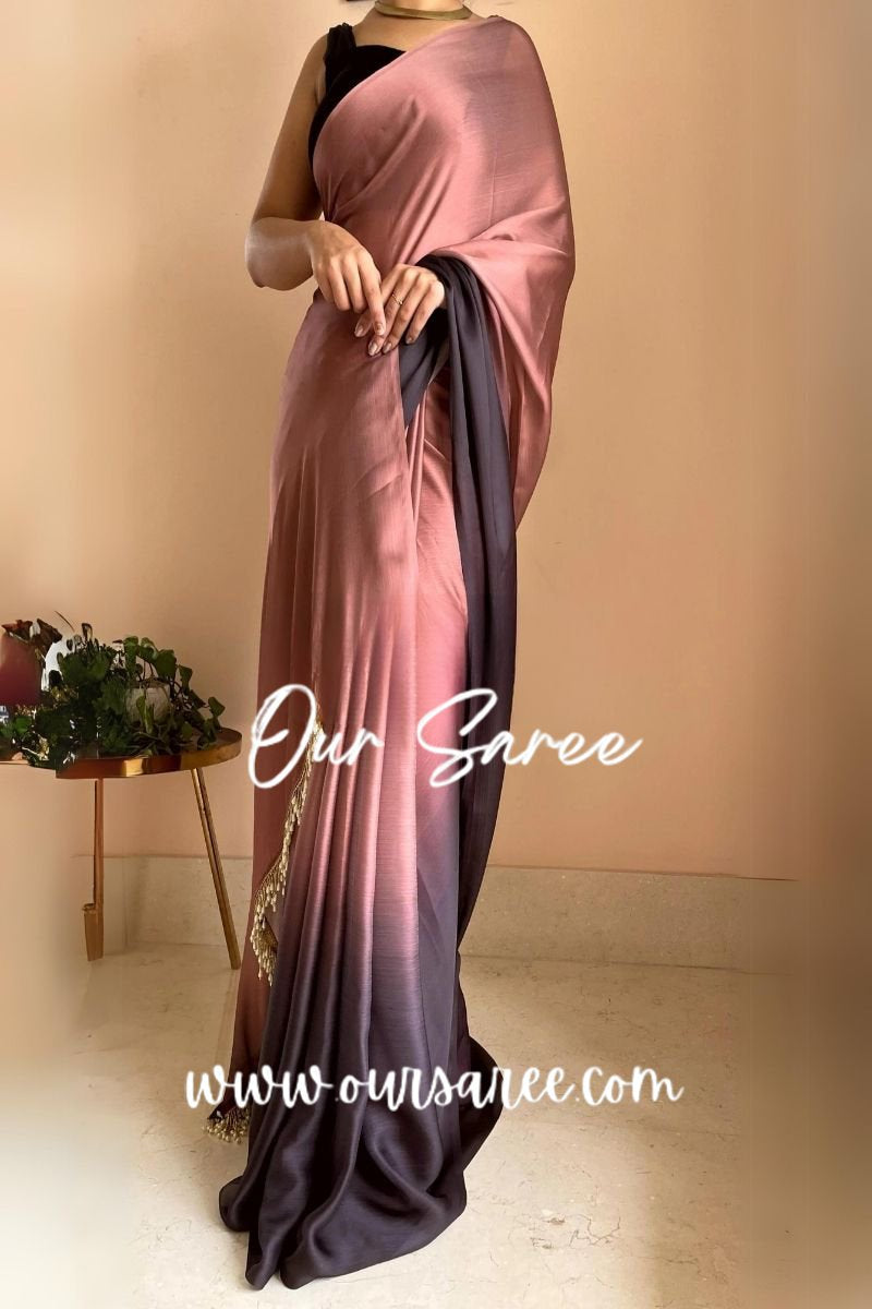 1-MIN READY TO WEAR  Chai Coffee Ombré Crepe Silk Saree with Handmade Tassels on Pallu