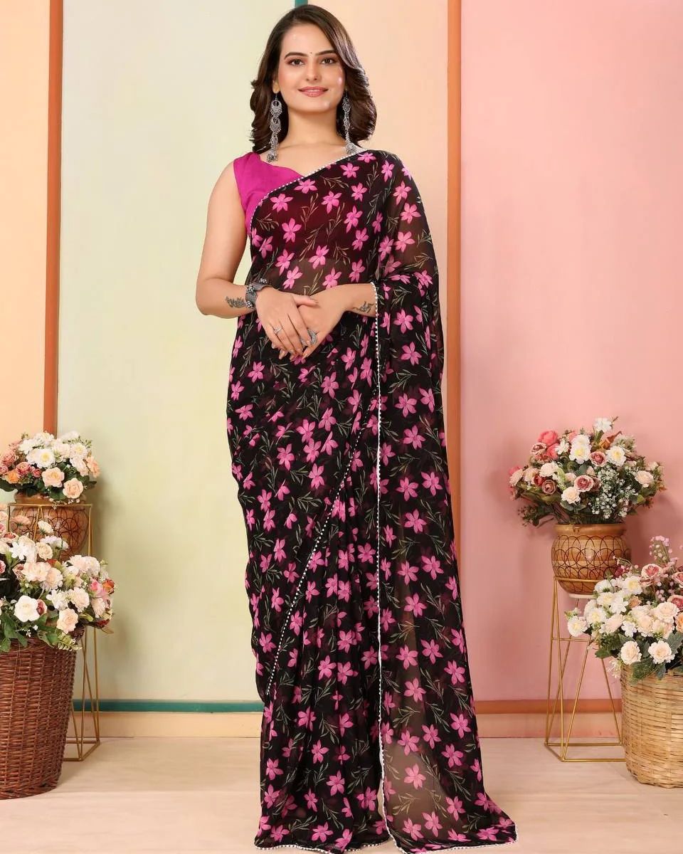 Ebony Black  1-Minute Ready To Wear  Georgette Saree