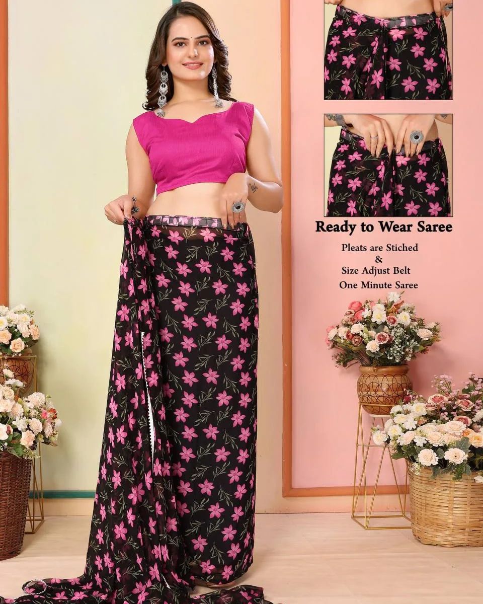 Ebony Black  1-Minute Ready To Wear  Georgette Saree