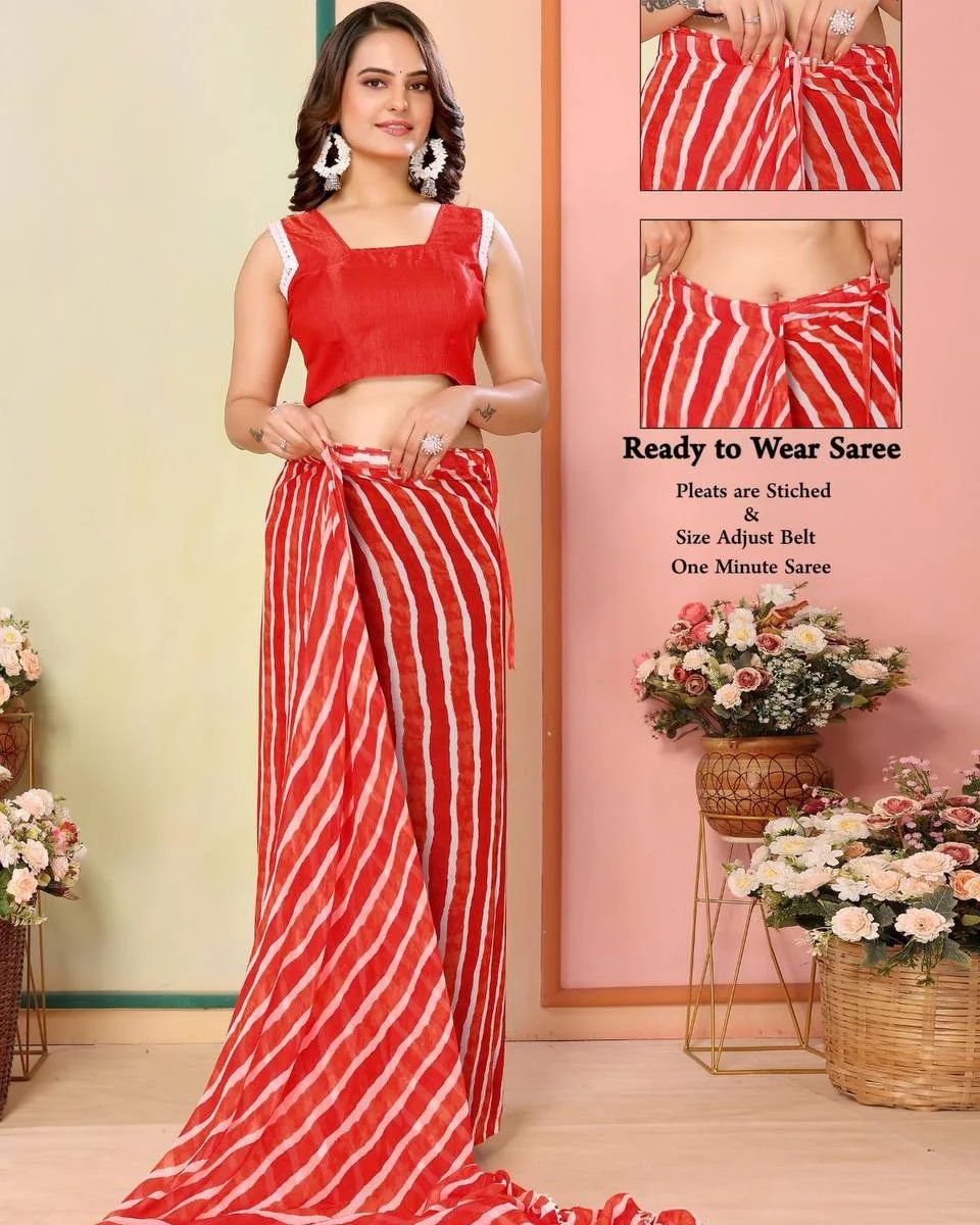 Apple Red 1-Minute Ready To Wear  Georgette Saree