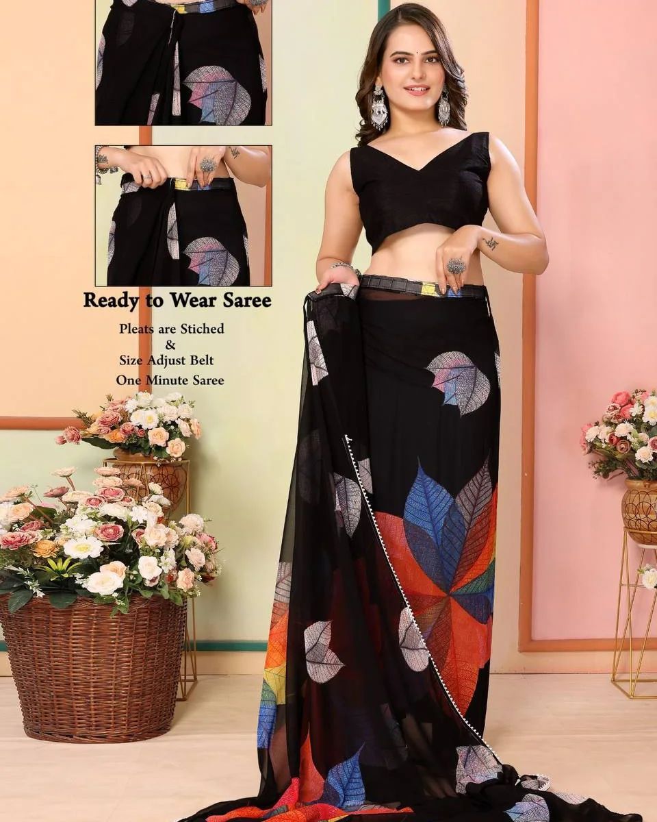 Carbon Black 1-Minute Ready To Wear  Georgette Saree