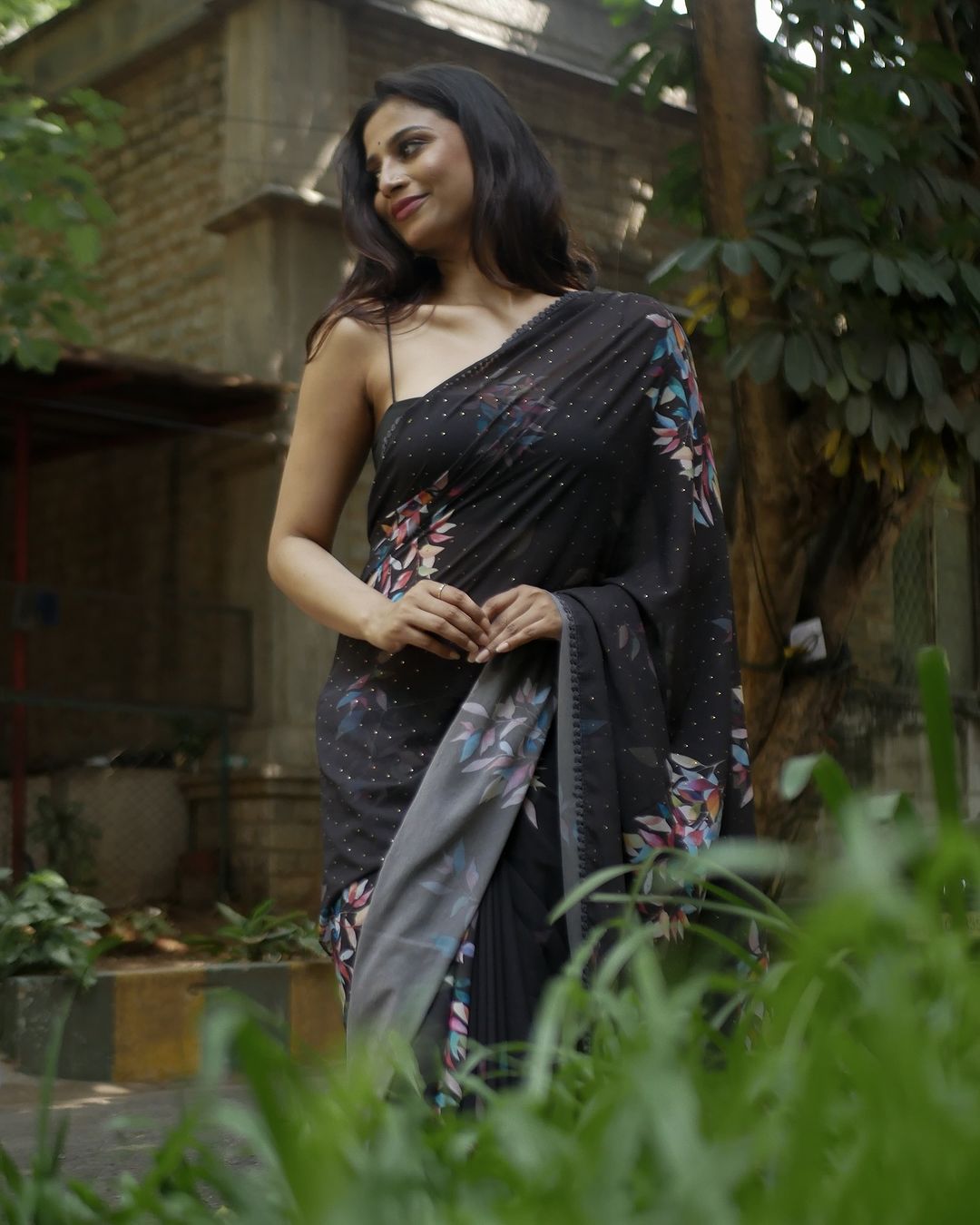 Nature Black 1-Minute Ready To Wear  Georgette Saree