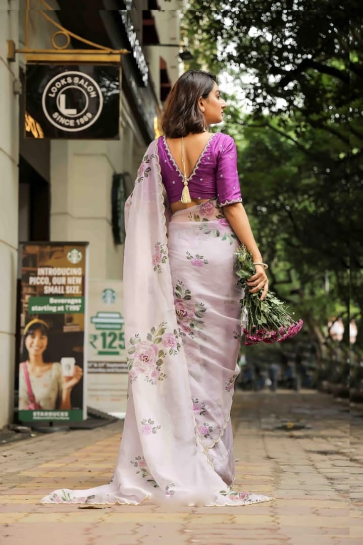 Ineffable Ready To Wear Flower Design Hand Work Saree With Stitched Blouse