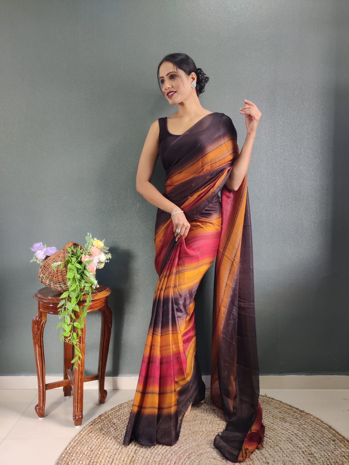 Vibrant 1-Minute Ready To Wear Nylon silk patta design  Saree