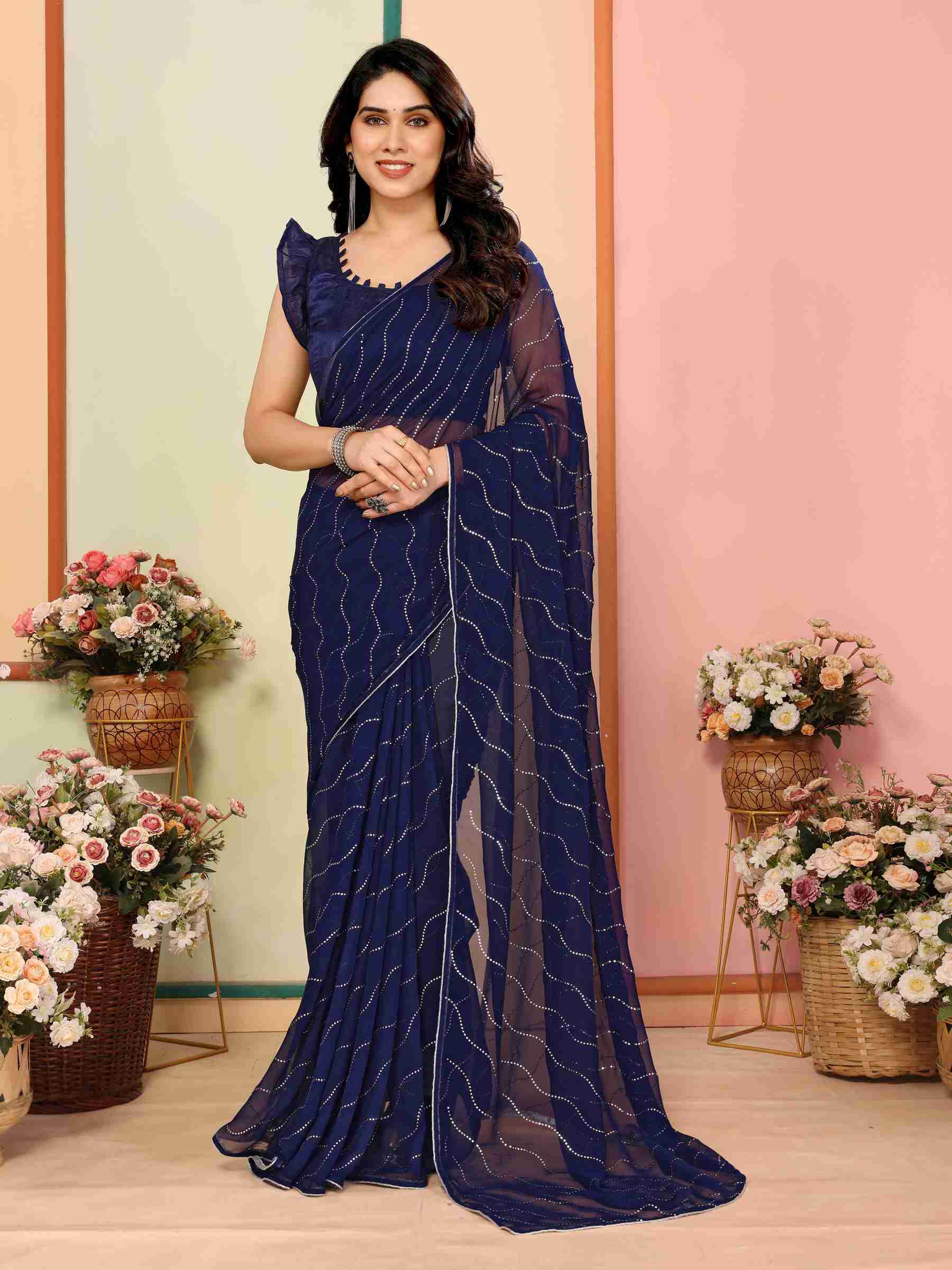 Adorning  Swarovski Work Embroidered Georgette Saree