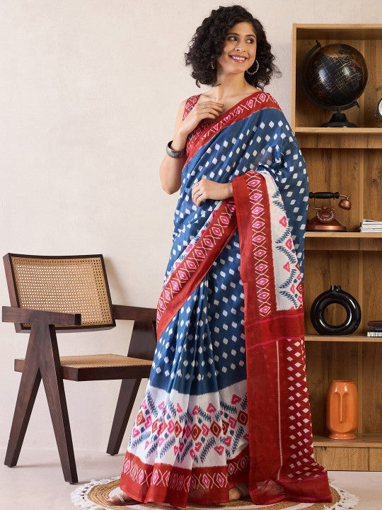 Ethnic Motifs Poly Cotton Ready To Wear Ikat Saree