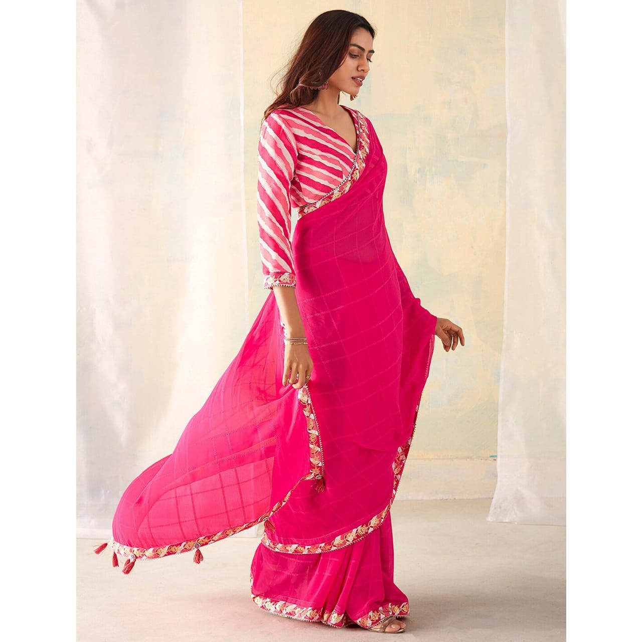 Pink Georgette  Chext Print Saree with Bangalori Silk Unstitch Blouse