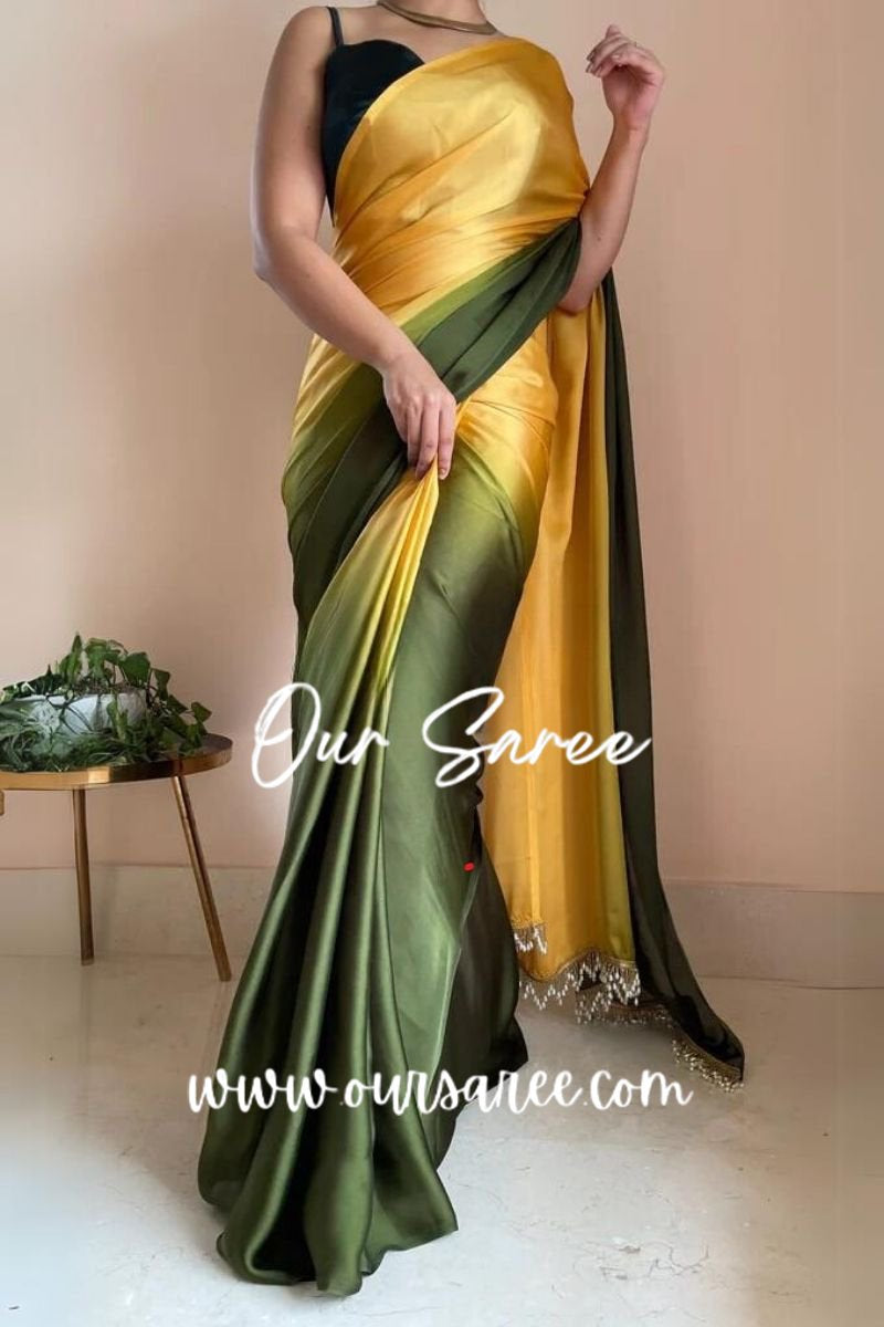 1-MIN READY TO WEAR  Mango Bite Ombré Crepe Silk Saree With Handmade Tassels on Pallu