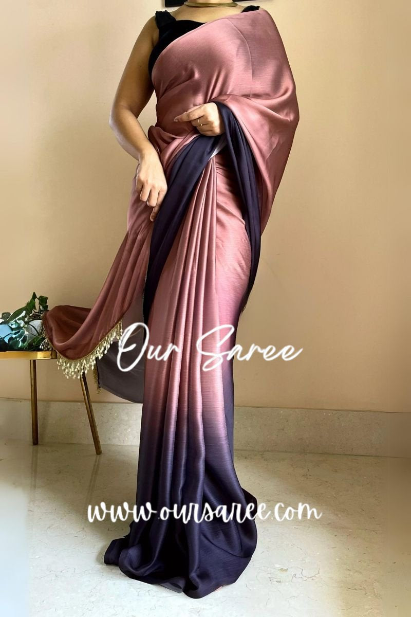 1-MIN READY TO WEAR  Chai Coffee Ombré Crepe Silk Saree with Handmade Tassels on Pallu