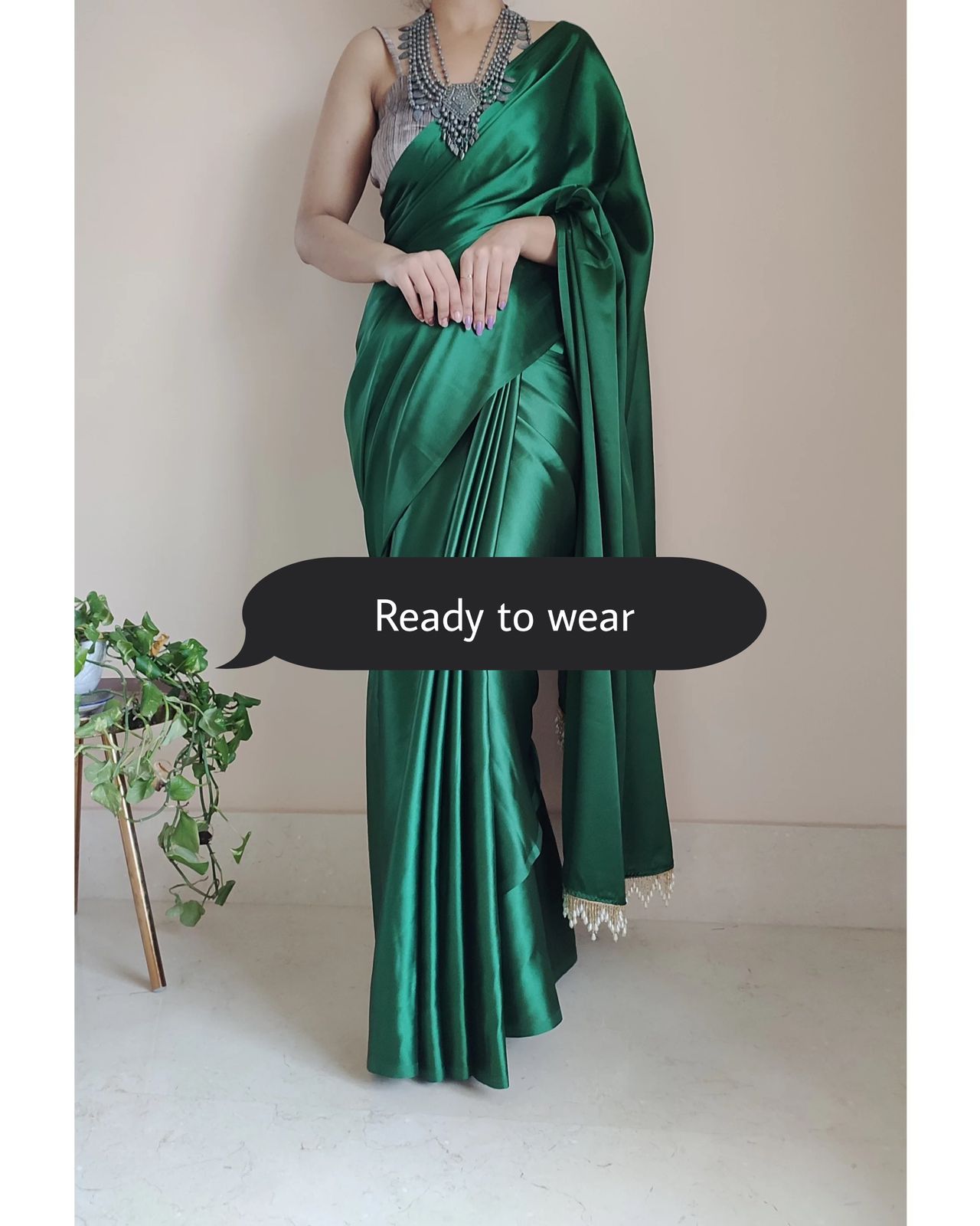 1-MIN READY TO WEAR Forest Green Satin Silk Saree With Handmade Tassels On Pallu