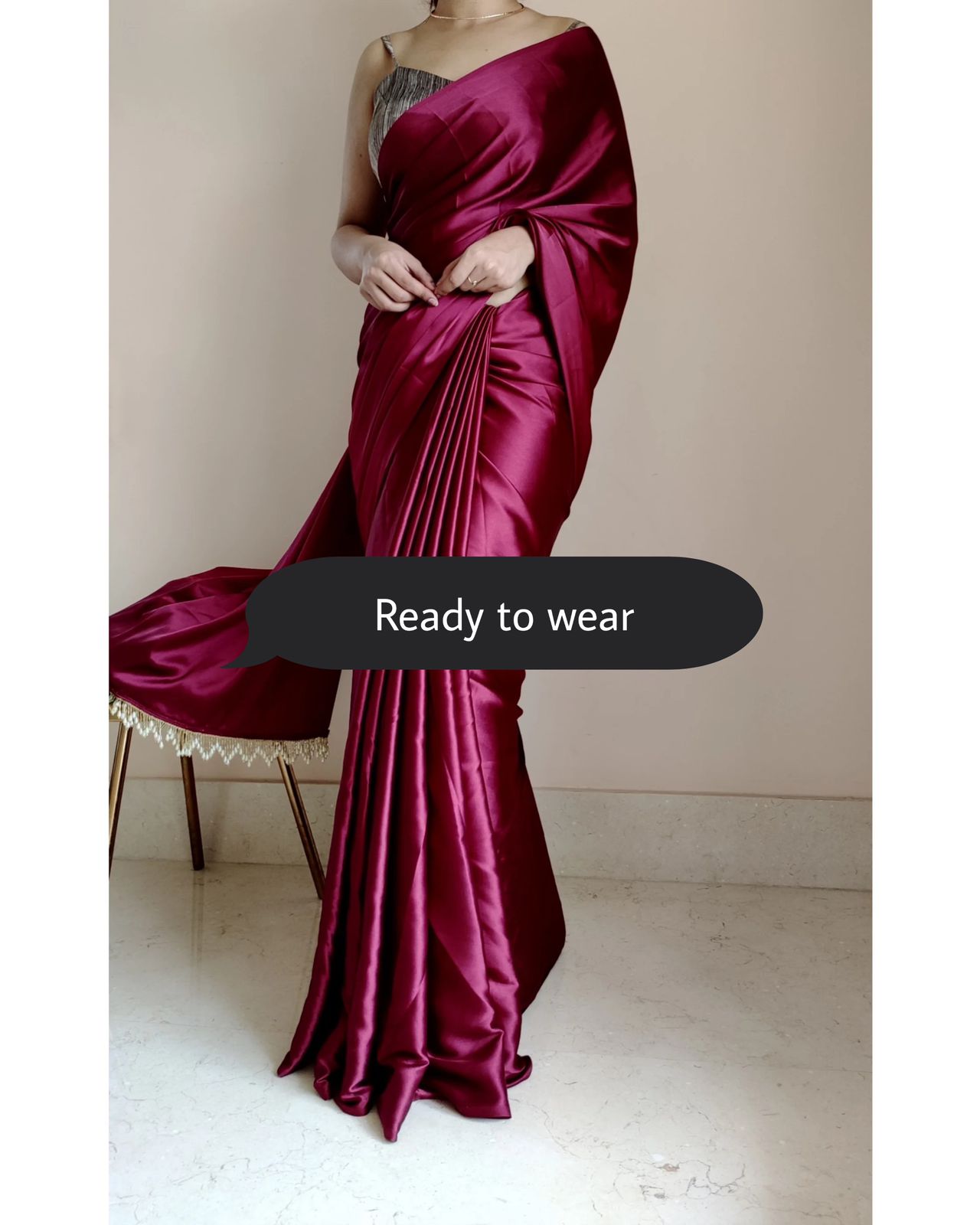 1-MIN READY TO WEAR Cherry wine satin silk saree with handmade tassels on pallu