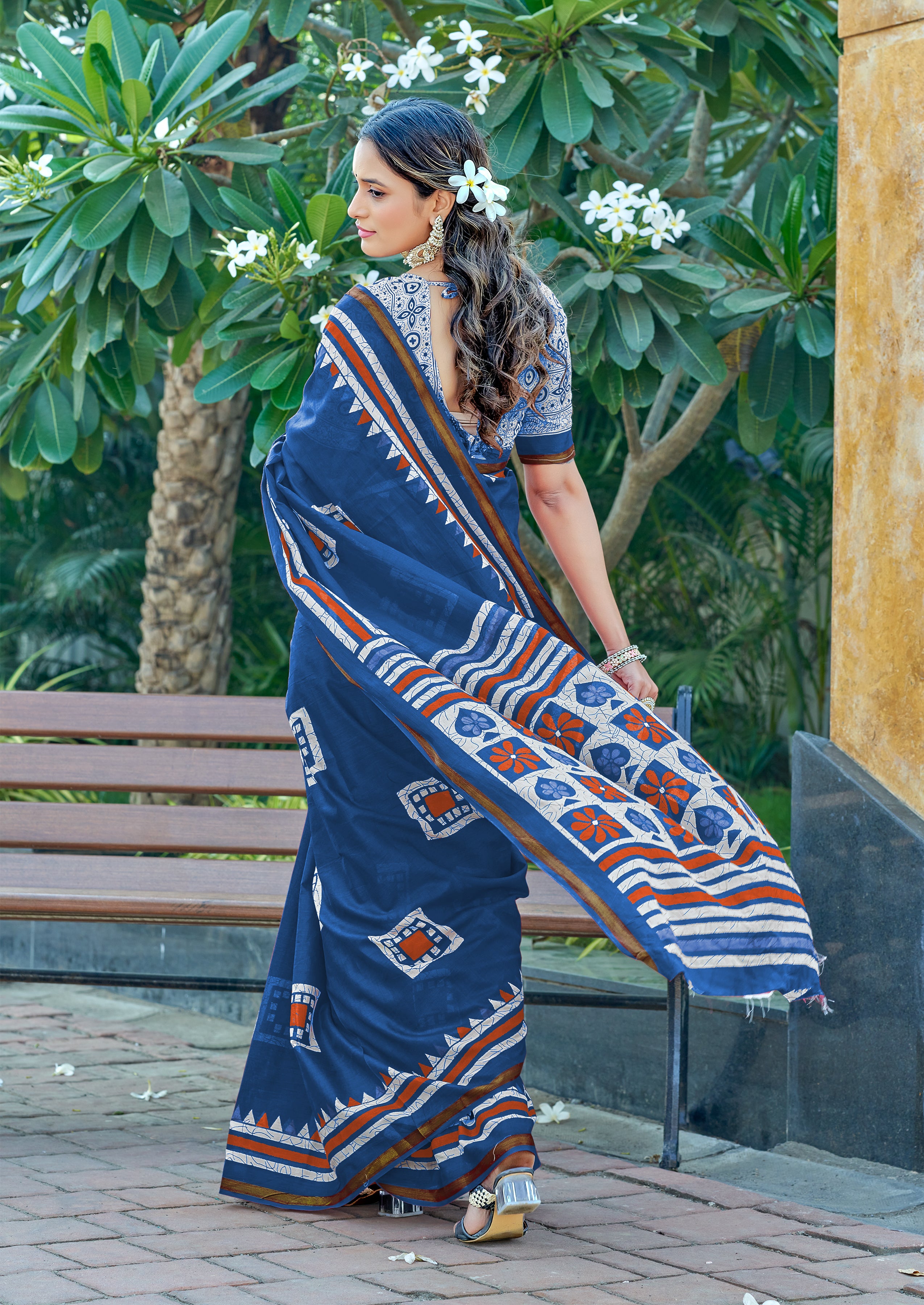 Gratifying 1-Minute Ready To Wear Blue Mul  Cotton  Printed Saree