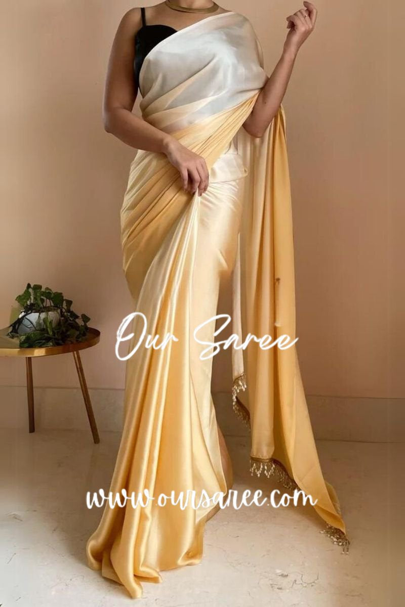 1-MIN READY TO WEAR  Peeli Dhoop Ombré Crepe Silk Saree With Handmade Tassels on Pallu