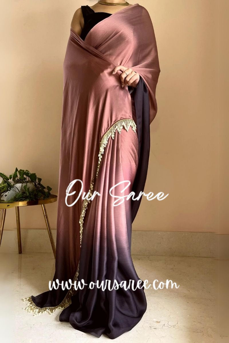 1-MIN READY TO WEAR  Chai Coffee Ombré Crepe Silk Saree with Handmade Tassels on Pallu