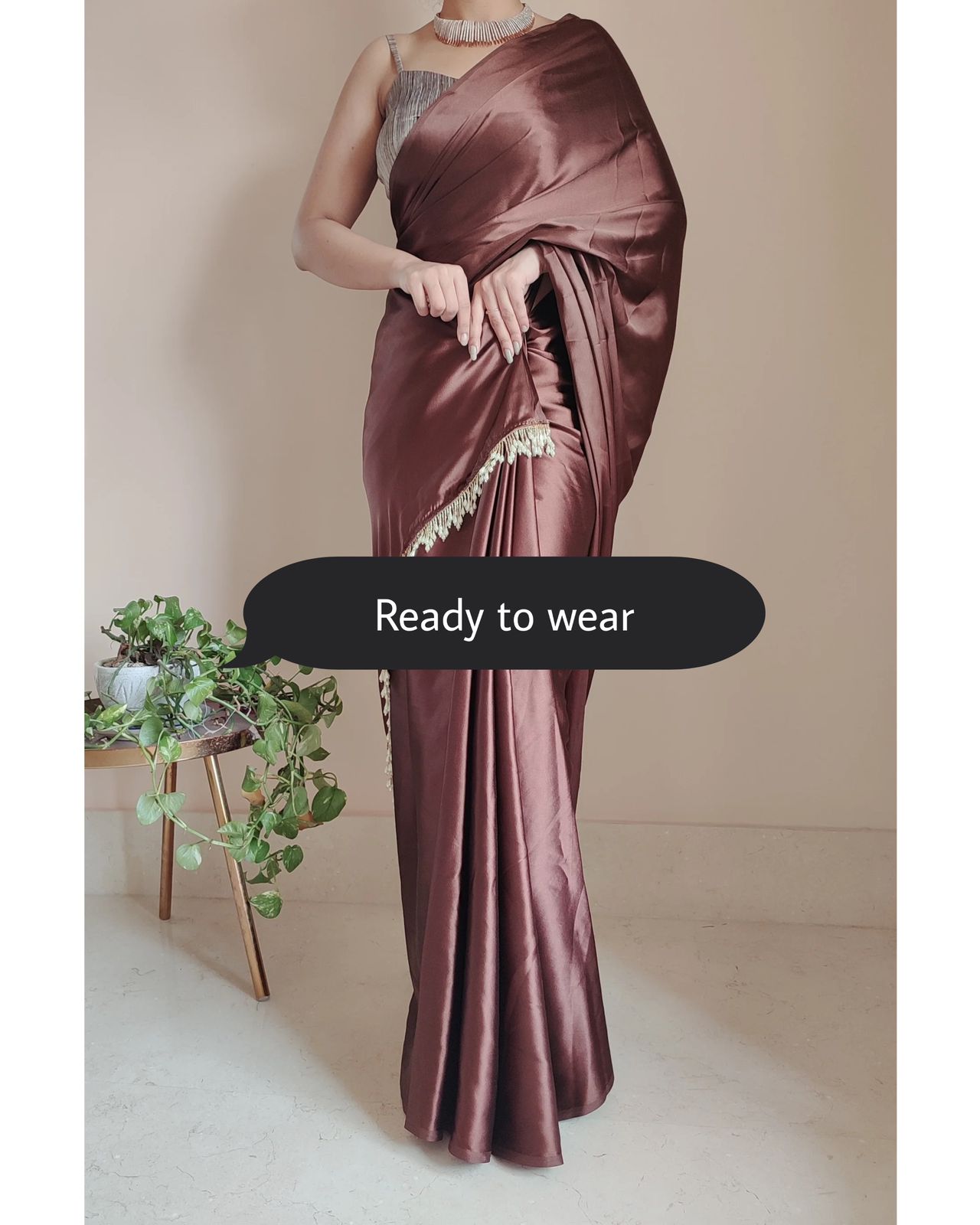 1-MIN READY TO WEAR Coffee Brown Satin Silk Saree With Handmade Tassels On Pallu