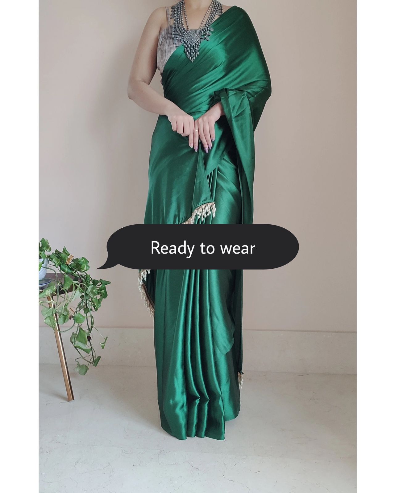 1-MIN READY TO WEAR Forest Green Satin Silk Saree With Handmade Tassels On Pallu