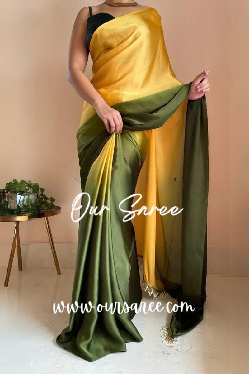 1-MIN READY TO WEAR  Mango Bite Ombré Crepe Silk Saree With Handmade Tassels on Pallu