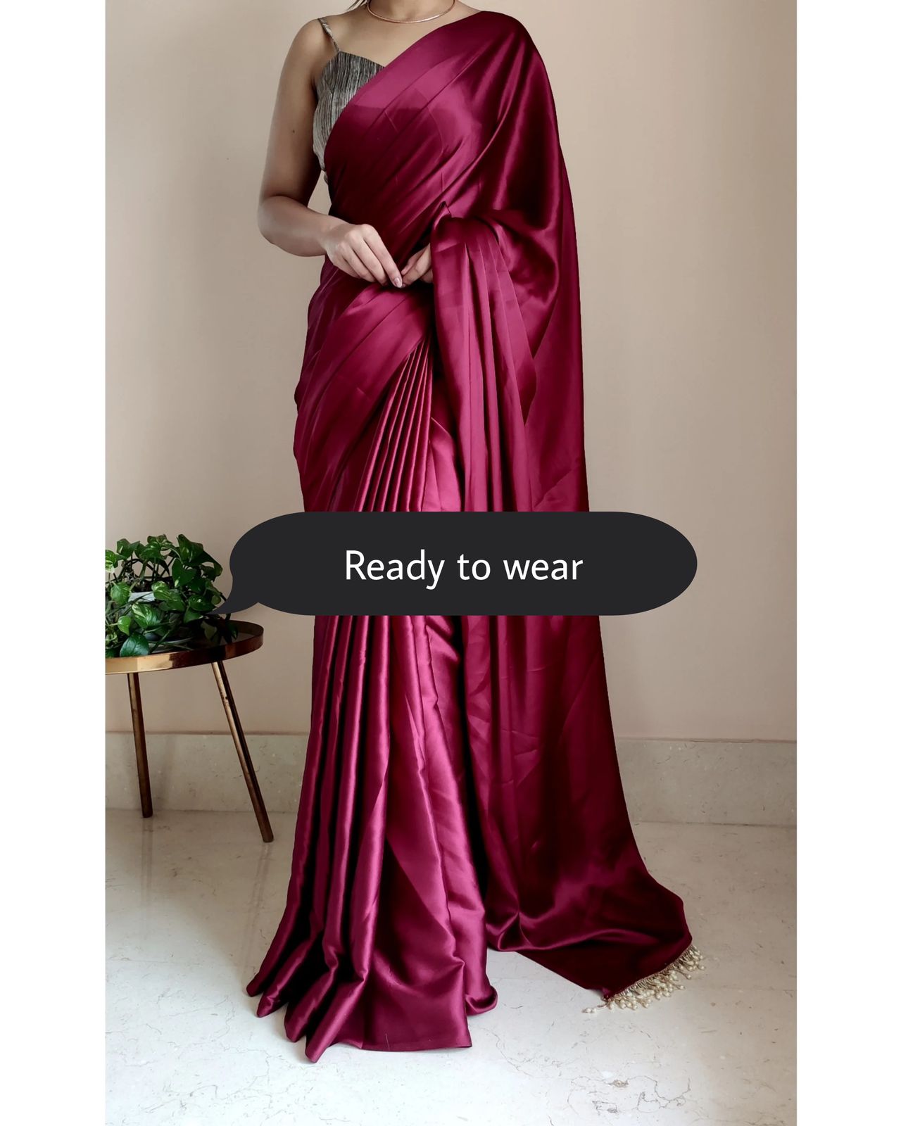 1-MIN READY TO WEAR Cherry wine satin silk saree with handmade tassels on pallu